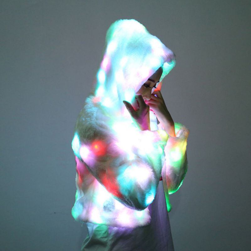 Led Light Up Faux Fur Coat Burning Man Faux Fur LED Gray White