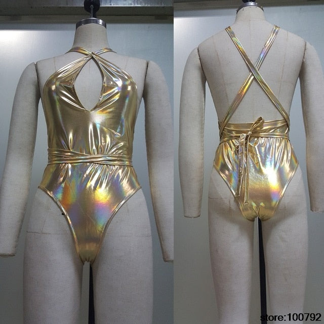 Backless & Necklined Holographic Bodysuit